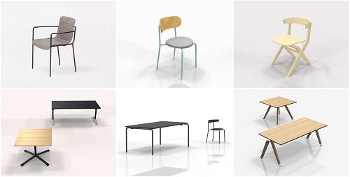写真：「DAYS OFFICE」第一弾シリーズ （左上からチェアー3種）offset frame、hang like、wood side （左下からテーブル3種）flip top、pile pipe、wood tilt