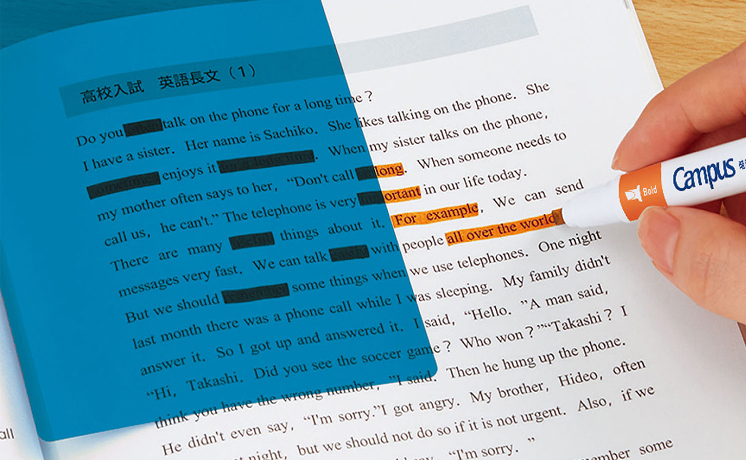 Blue sheet with orange marker pen for memorization (Campus)